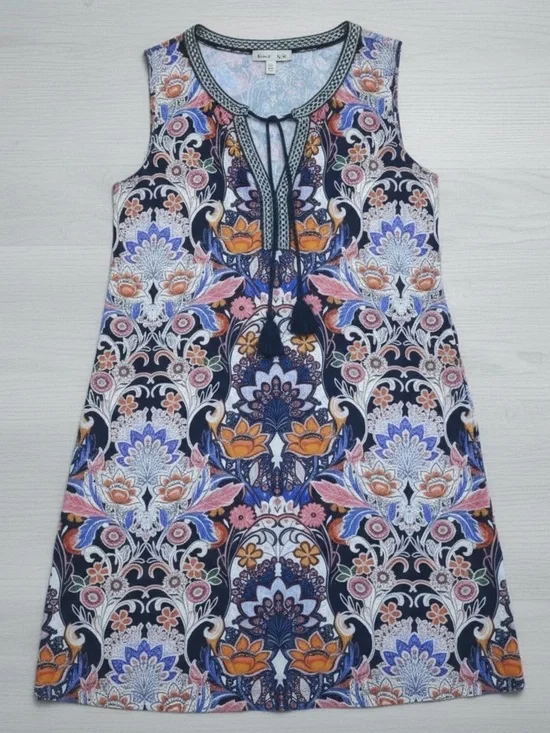 DR2 Women’s M Navy Blue Floral Paisley Boho Sleeveless Shift Dress Medium - Picture 3 of 13